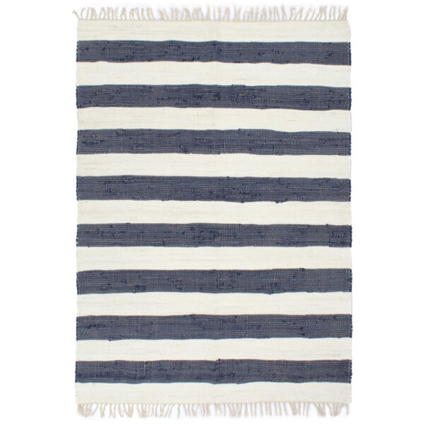 Tapete chindi tecido à mão algodão 120x170 cm azul e branco