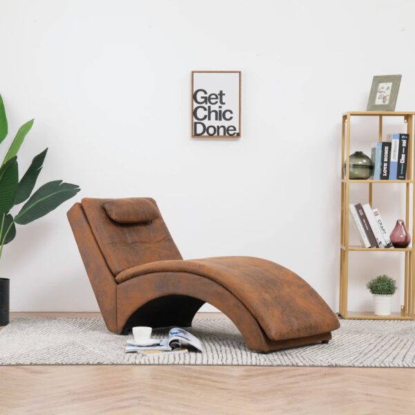 Chaise longue com almofada camurça artificial castanho
