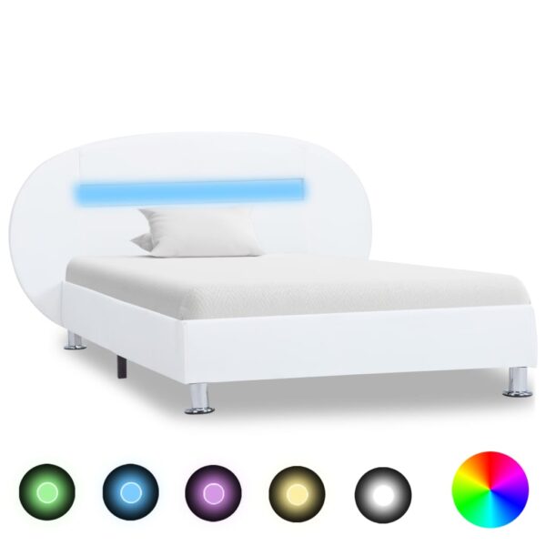 Estrutura de cama c/ LEDs 100x200 cm couro artificial branco