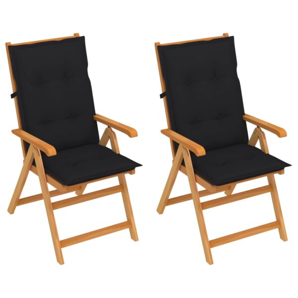 Cadeiras de jardim com almofadões pretos 2 pcs teca maciça