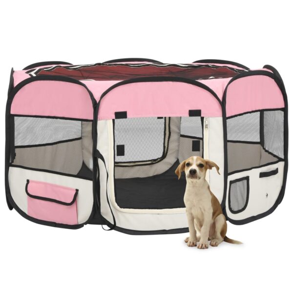 Parque dobrável p/ cão c/ saco de transporte 125x125x61cm rosa
