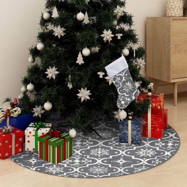 Saia de árvore de Natal luxuosa 122 cm com meia tecido cinzento