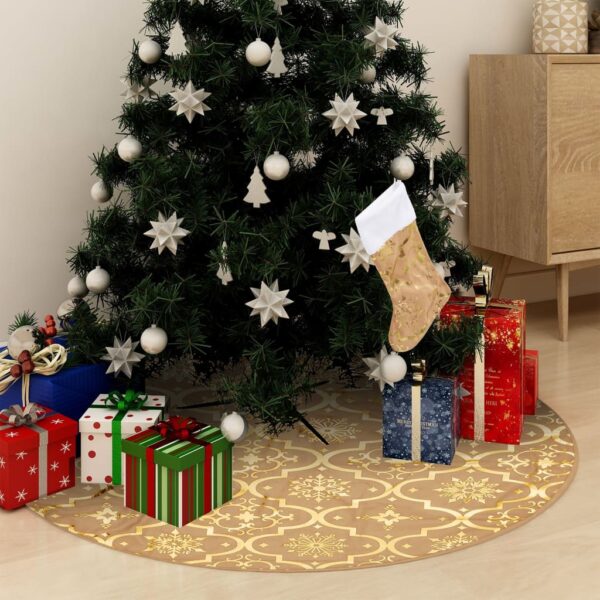 Saia de árvore de Natal luxuosa 150 cm com meia tecido amarelo