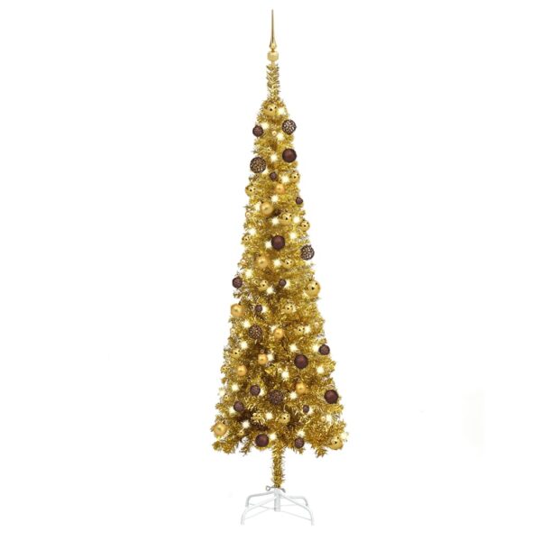 Árvore de Natal fina com luzes LED e bolas 240 cm dourada