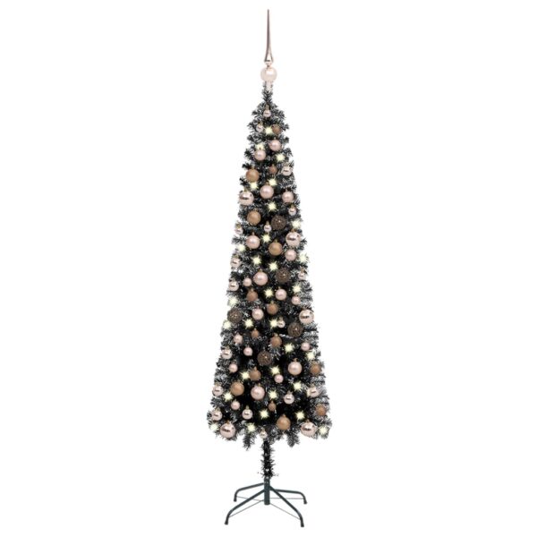Árvore de Natal fina com luzes LED e bolas 180 cm preta